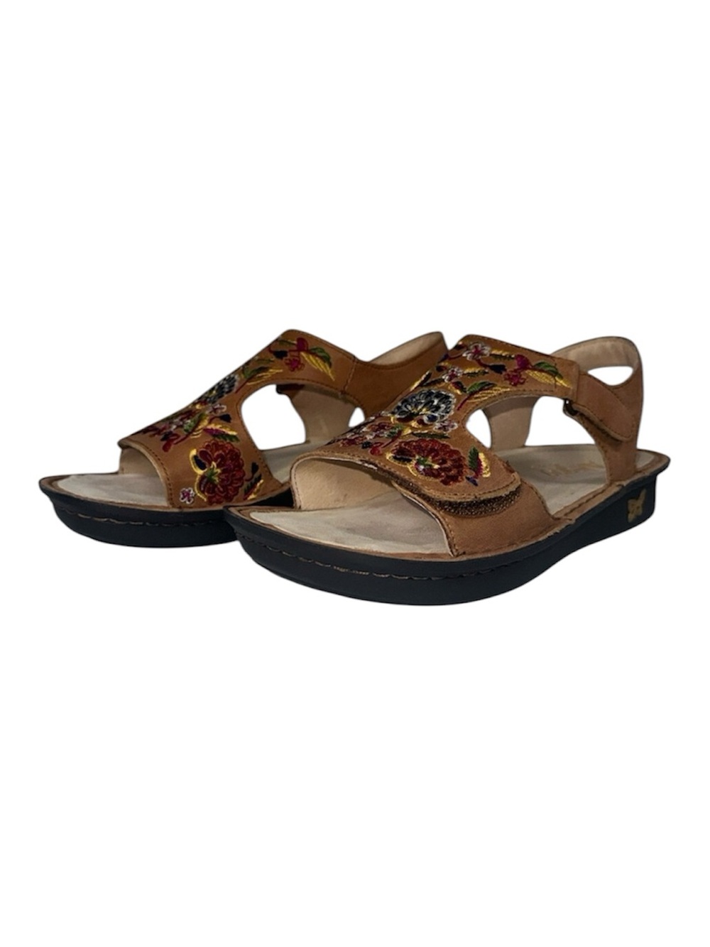Alegria Cognac Needles and Pins Floral Embroidered Leather Boho Sandals Size 7